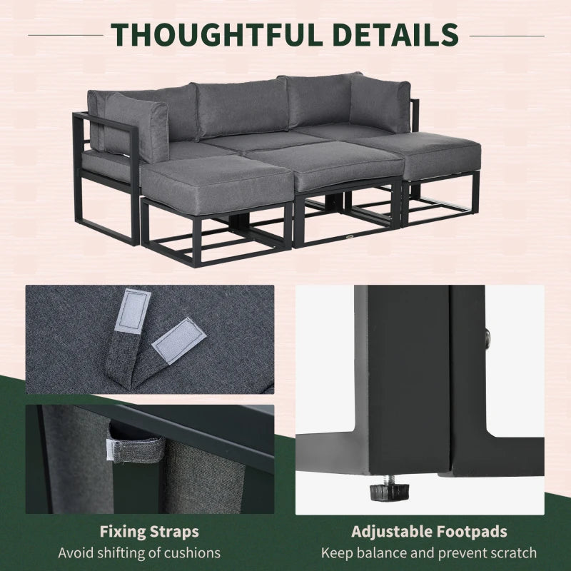 6 Pieces Patio Furniture Set, Space-Saving Sectional Outdoor Daybed with Aluminum Frame and Thickened Cushions, Grey