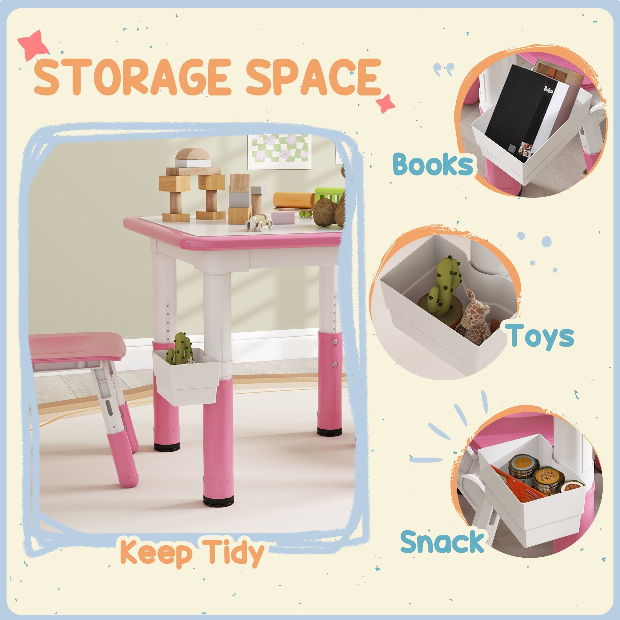 Qaba 3 Piece Kids Table Chair Set Height Adjustable Storage Playroom Furniture Easy Clean Plastic Sturdy Construction Pink 