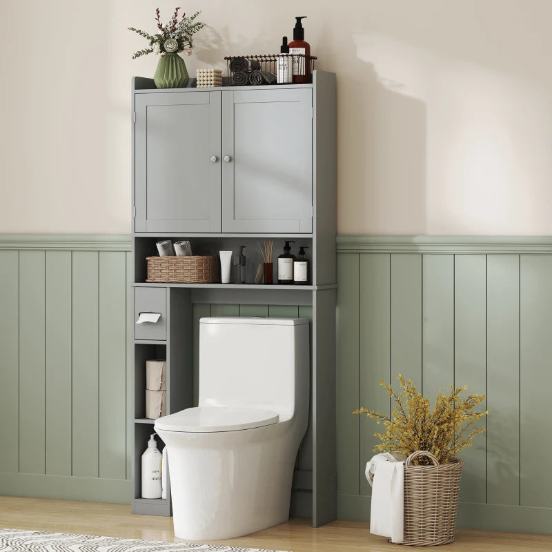 Modern Over the Toilet Storage Cabinet with 2 Doors, Above Commode Storage Cabinet with Toilet Paper Holder, Grey