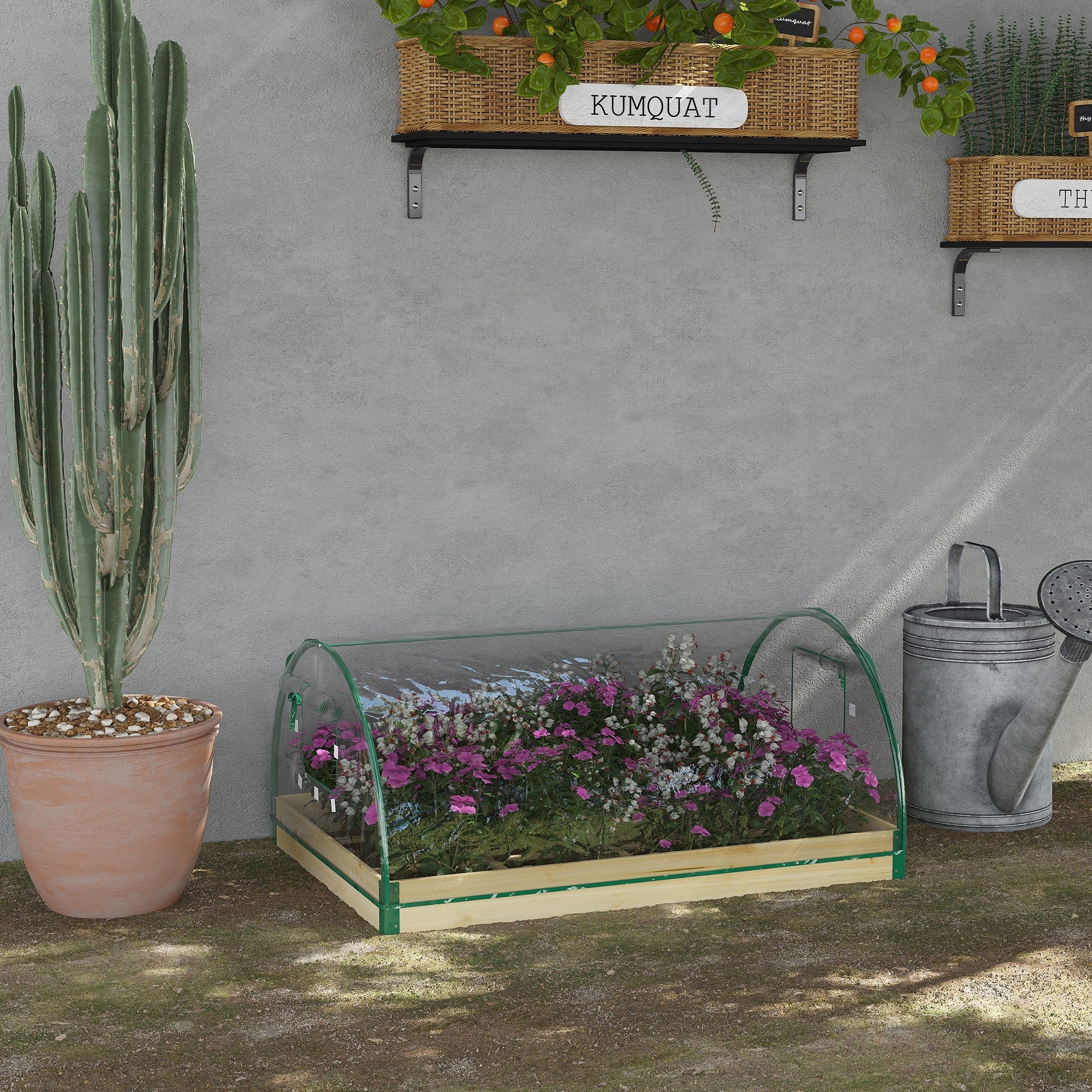 Outsunny 12 Pockets Raised Garden Bed with Greenhouse and Roll Up Windows for Vegetables, Flowers, 4' x 3' x 2', Natural Wood 
