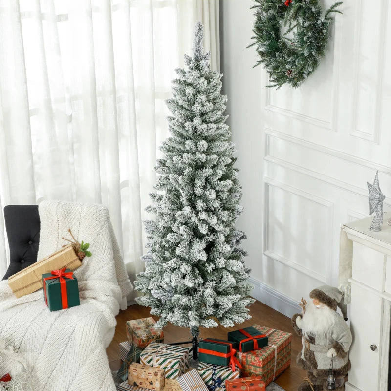 HOMCOM 6ft Pencil Flocked Christmas Tree – 479 Branch Tips with Metal Base, Indoor Holiday Decoration 