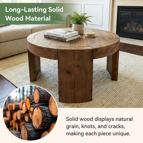 Coffee Table 31.5" Round Solid Wood Center Cocktail Tea Table Rustic Brown