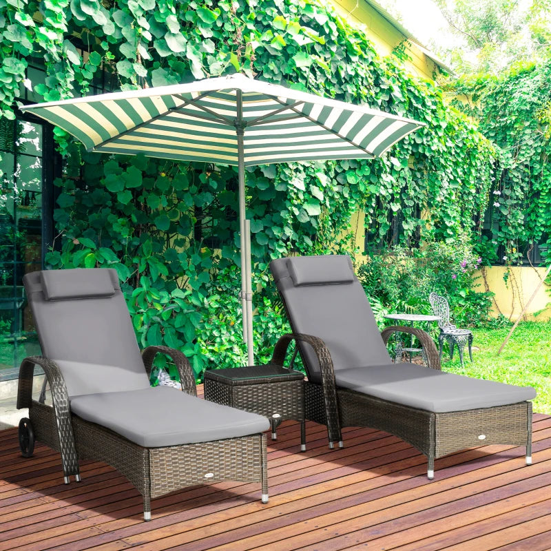 Outsunny 3 Pieces Patio Rattan Lounge Set Wheeled Wicker Chaise Lounge Chair Set Outdoor Reclining Lounger with Padded Cushion and A Side Table with A Tempered Glass Top, Grey