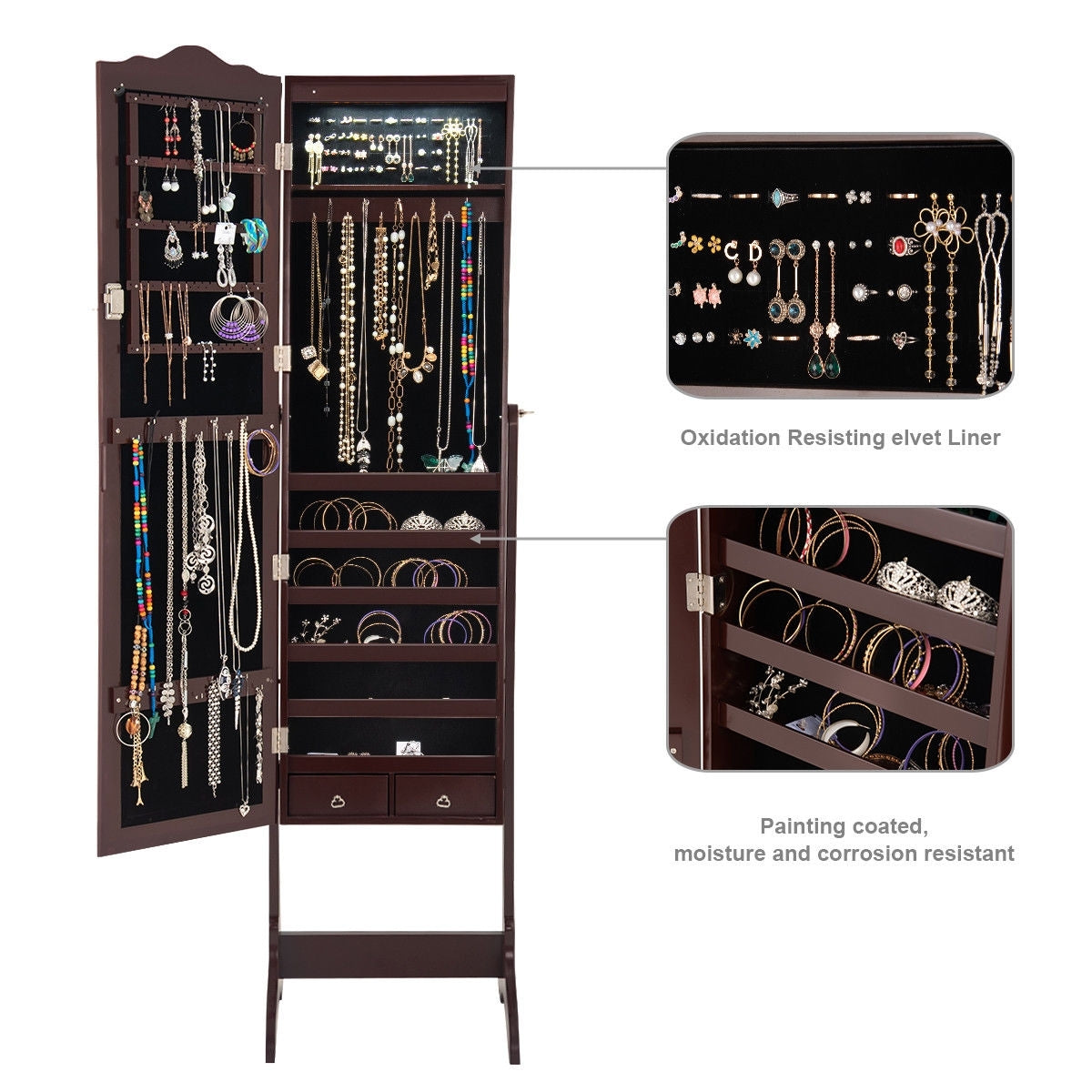 Mirrored Jewelry Cabinet Storage With Drawer And Led Lights -CoffeeÂ 