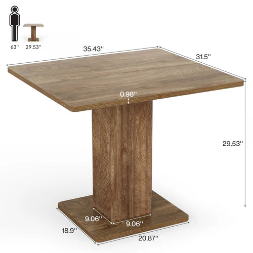 Dining Table 35.43" x 31.5" Farmhouse Kitchen Table for 2-4 People with Fluted Pedestal Base and Thick Tabletop Rustic Wood