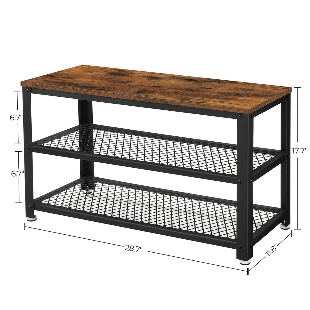 VASAGLE Shelf Storage Bench with Metal Mesh Shelves and Seat 