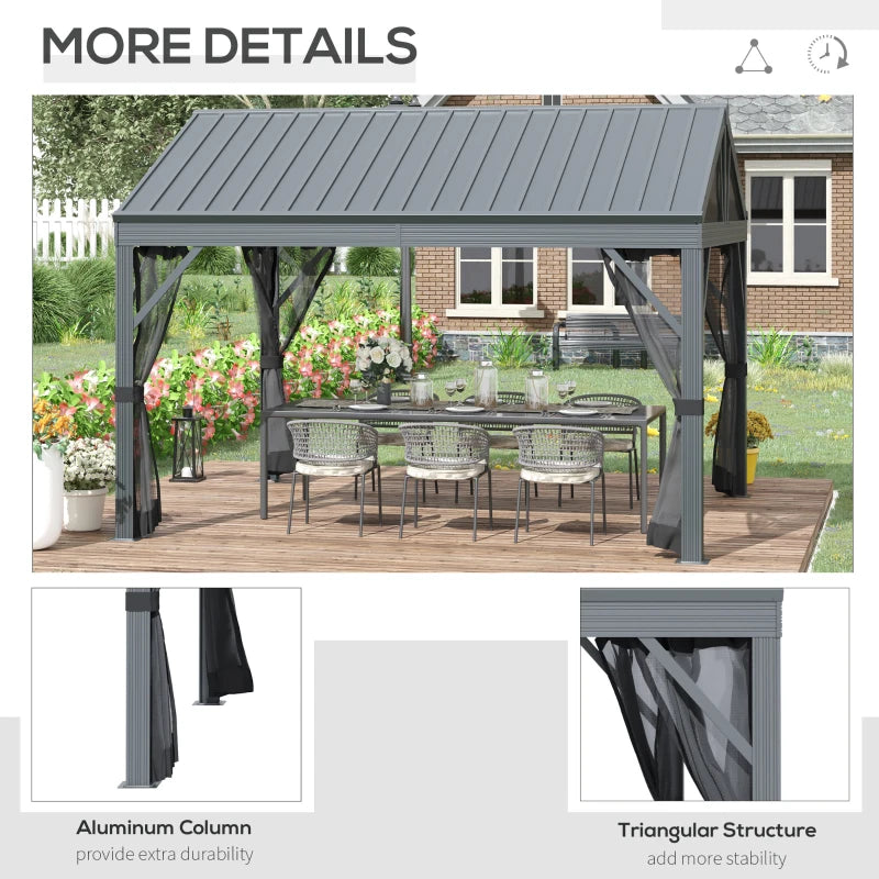 Outsunny 12' x 10' Hardtop Gazebo Steel Canopy Outdoor Pergola with Netting and Aluminum Frame for Patios, Gardens, Lawns, Dark Grey