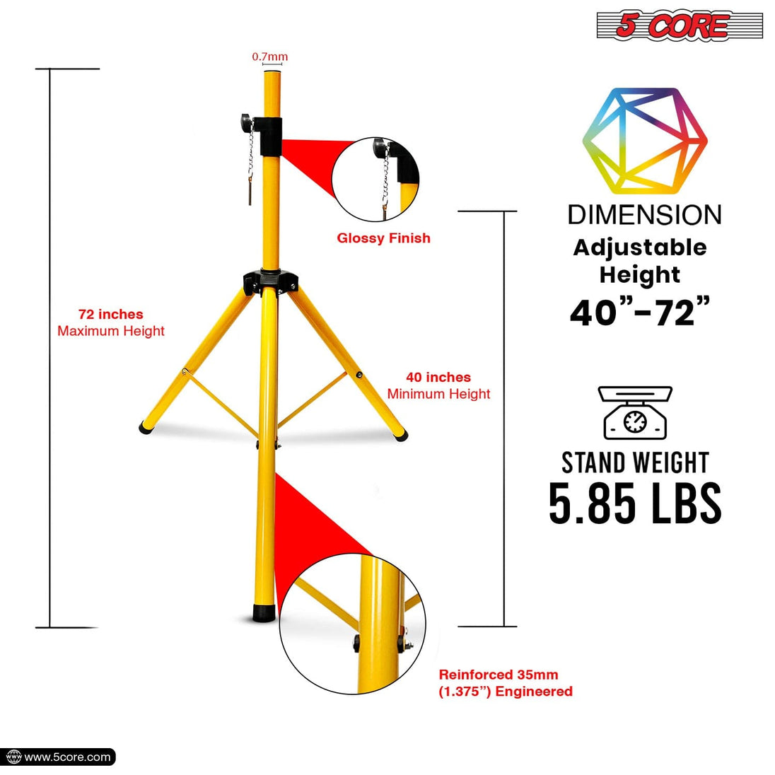 5Core Speaker Stand Tripod Tall Adjustable 72 Inch DJ Pole Mount Studio Monitor Stands Yellow5Core Speaker Stand Tripod Tall Adjustable 72 Inch DJ Pole Mount Studio Monitor Stands Yellow