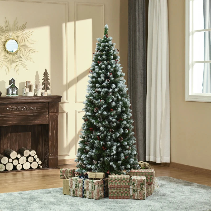 HOMCOM 6ft Decorated Flocked Artificial Christmas Tree – Red Berries, Pine Cones, Pencil Shape, Green 