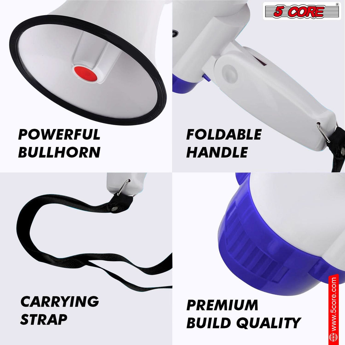 5Core Megaphone Bullhorn Speaker 30W Mini Bull Horn Battery Power Megafono 800 Feet USB