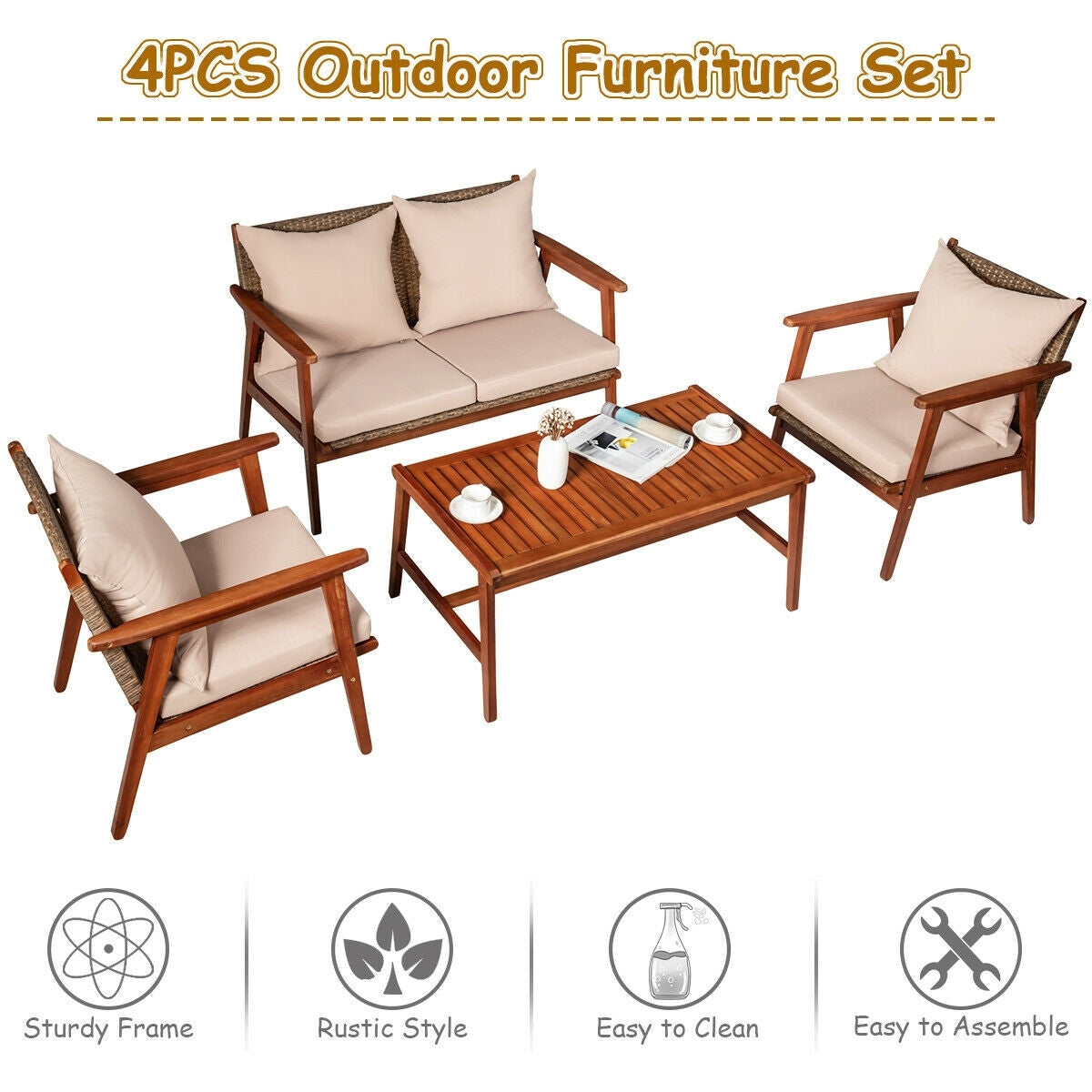 4 Pieces Acacia Wood Patio Rattan Furniture Set-Brown