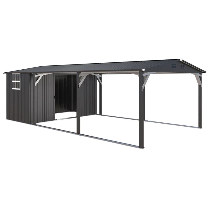 12' x 22' Metal Carport with 6' Storage Shed – Heavy Duty Outdoor RV Car Tent Garage Shelter, Waterproof, Dark Gray