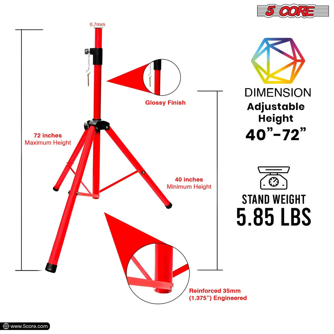 5Core Speaker Stand Tripod Tall Adjustable 72 Inch DJ Pole Mount Studio Monitor Stands RED