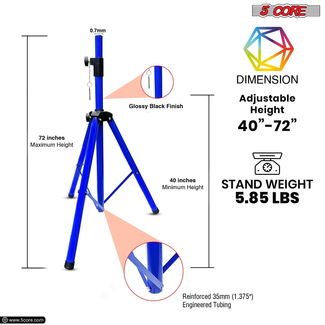 5Core Adjustable Speaker Stand – 72-Inch Tall Tripod DJ Pole Mount for Studio Monitors (Blue)