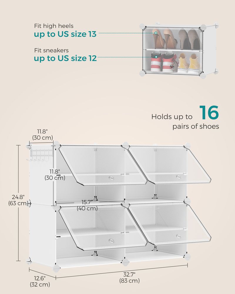 SONGMICS Cubes Plastic Shoe Rack with Doors, Holds Up to 16 to 48 Pair of Shoes 