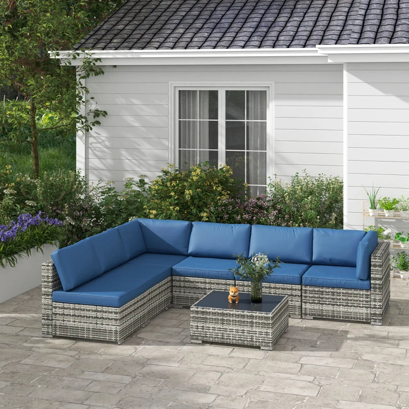 Outsunny 7pc Garden Wicker Sectional Set w/ Tea Table Patio Rattan Lounge Sofa Outdoor Deck Furniture Blue