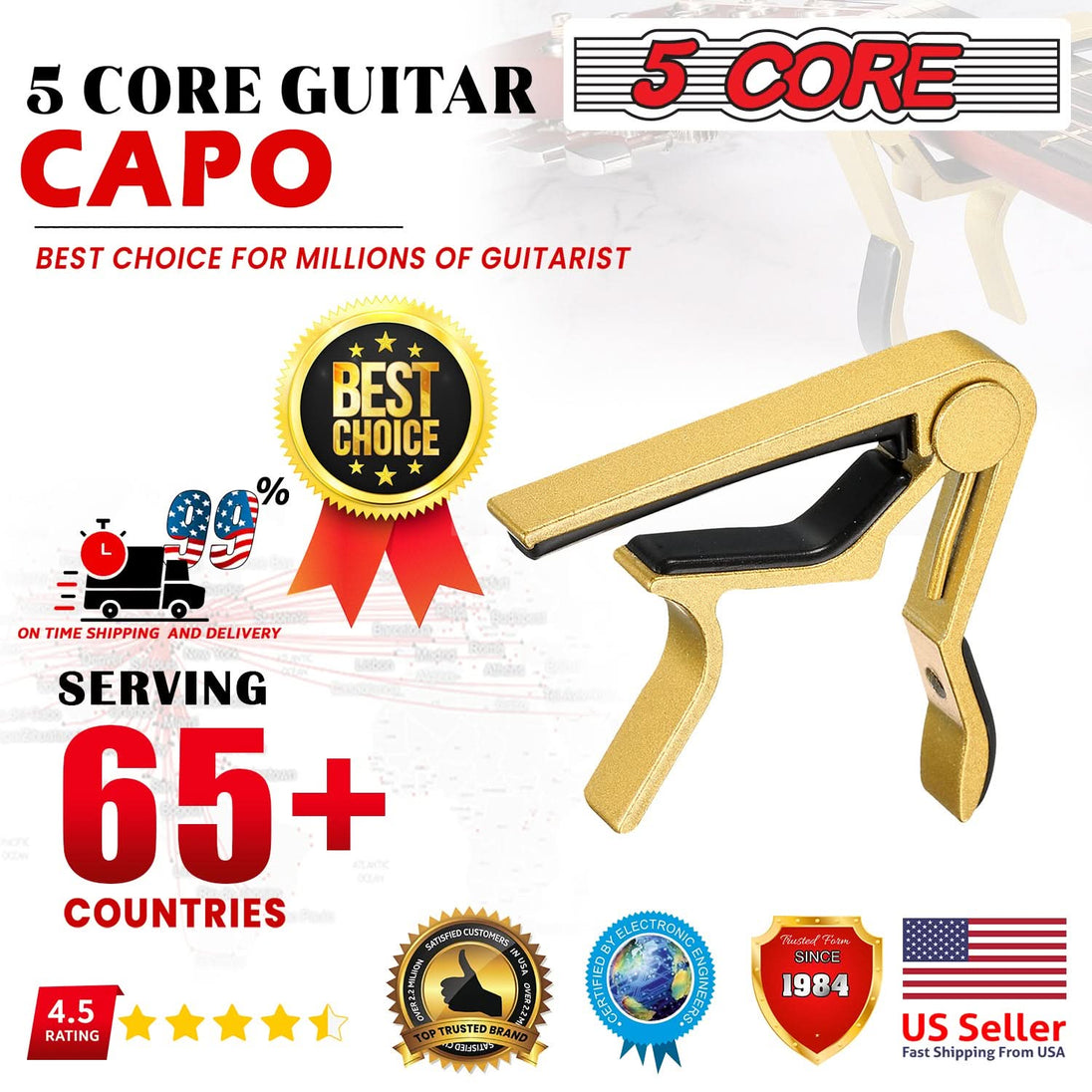 5Core Capo Acoustic Electric Guitar 6 String Kapo Clip For Banjo Mandolin Ukulele GOLD