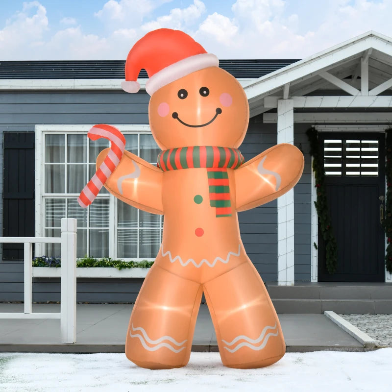 HOMCOM 8FT Inflatable Christmas Gingerbread Man with Candy Cane, Outdoor Blow Up Yard Decoration with LED Lights 