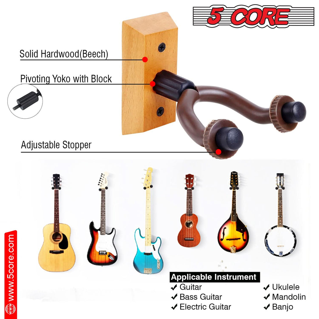 5Core Guitar Wall Mount Hanger 2Pack U-Shaped Wood Guitar Wall Hook Stand