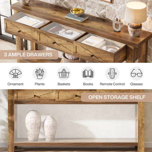 70.9" Farmhouse Console Table with 3 Drawers, Narrow Entryway Sofa Table with Storage Shelf Rustic Brown