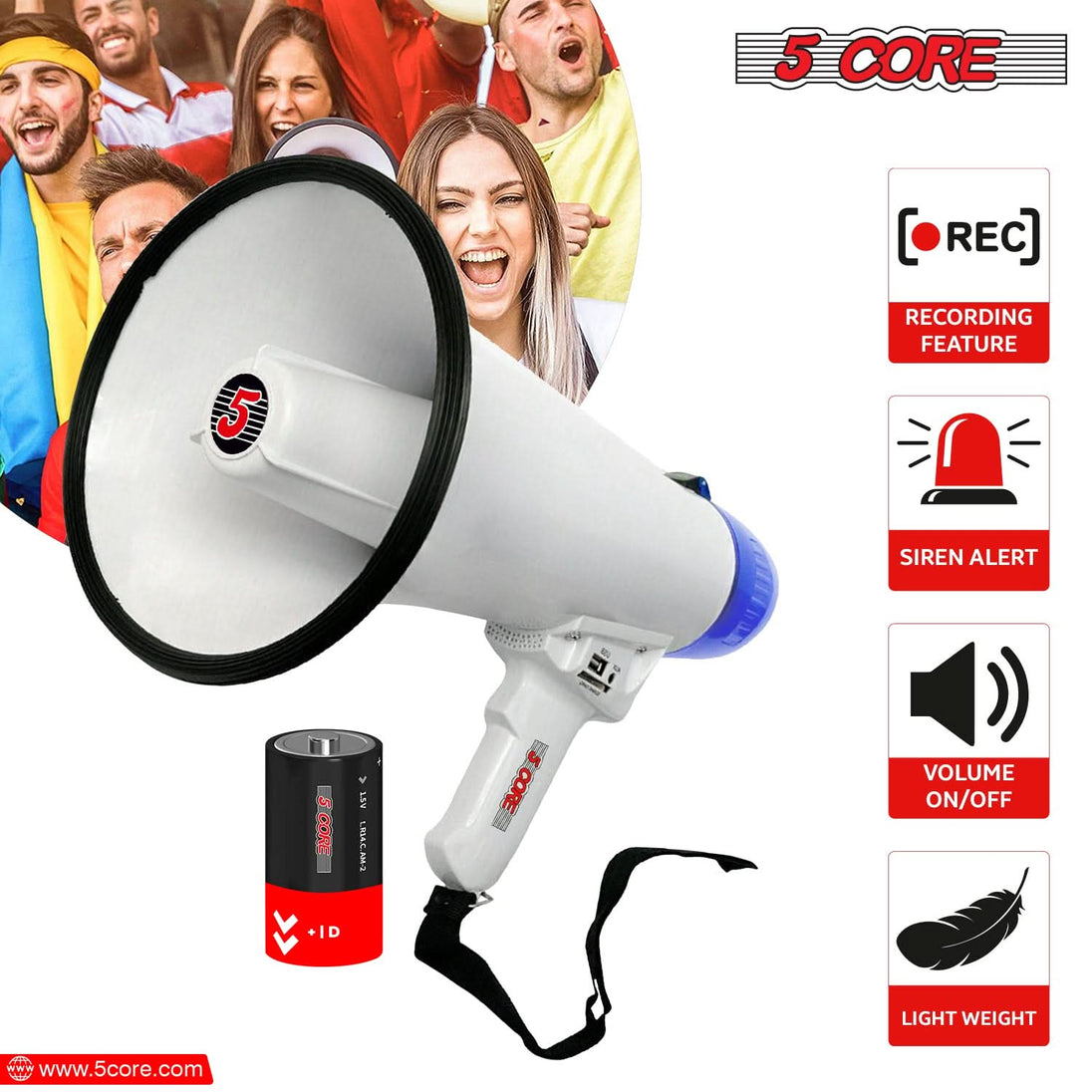 5Core Megaphone Bullhorn Speaker 20W Bull Horn Battery Power Cheer Megafono Loudspeaker USB