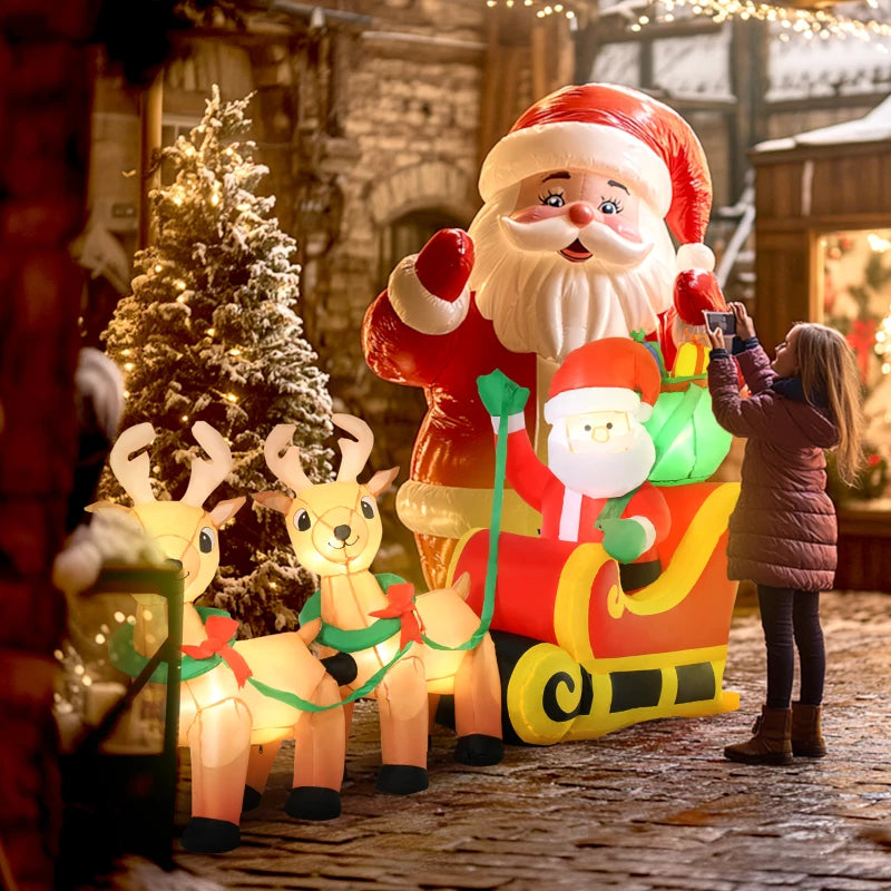 HOMCOM 4.5FT Inflatable Christmas Decoration with Santa Sleigh & 3 Reindeer, Outdoor Blow Up with LED Lights 