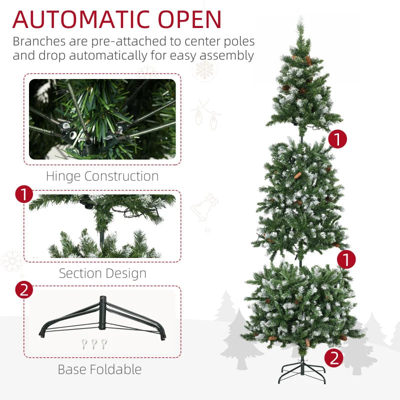 HOMCOM 7.5ft Decorated Skinny Pre-Lit Artificial Christmas Tree – Snow-Dipped Branches with Pinecones, Auto Open Design 