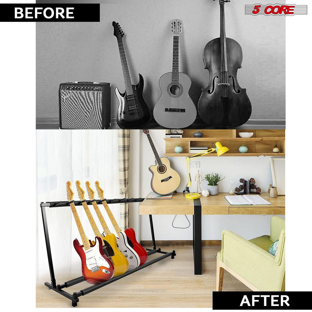 5Core Multi Guitar Rack Stand Floor 9 Slot Adjustable Flying V Guitars Holder