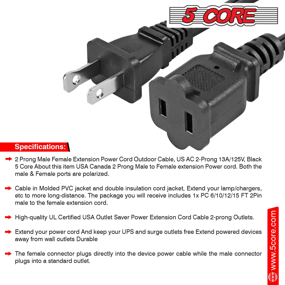 5Core AC Power Cord 10 Ft US Polarized Male to Female 2 Prong Extension Adapter Cords 16AWG 125V