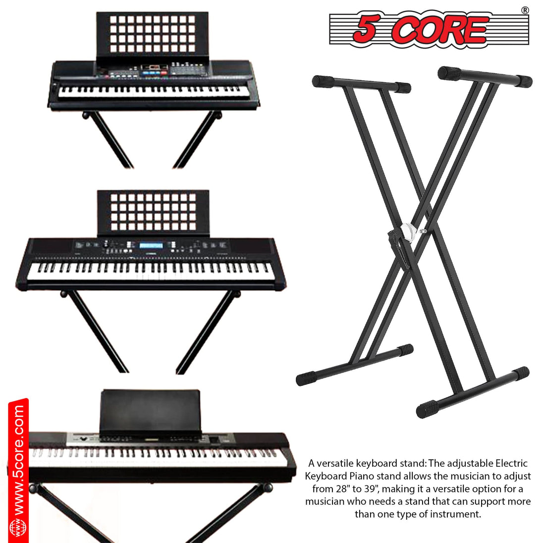 5Core Keyboard Stand Double X Style Adjustable Piano Riser For 49 To 88 Keys + Gear