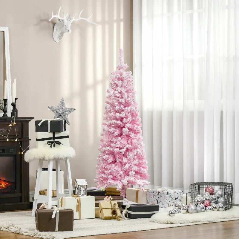 HOMCOM 5ft Snow-Flocked Artificial Christmas Tree – Slim Pencil Design, Realistic Branches, Auto Open, Steel Base, Pink 