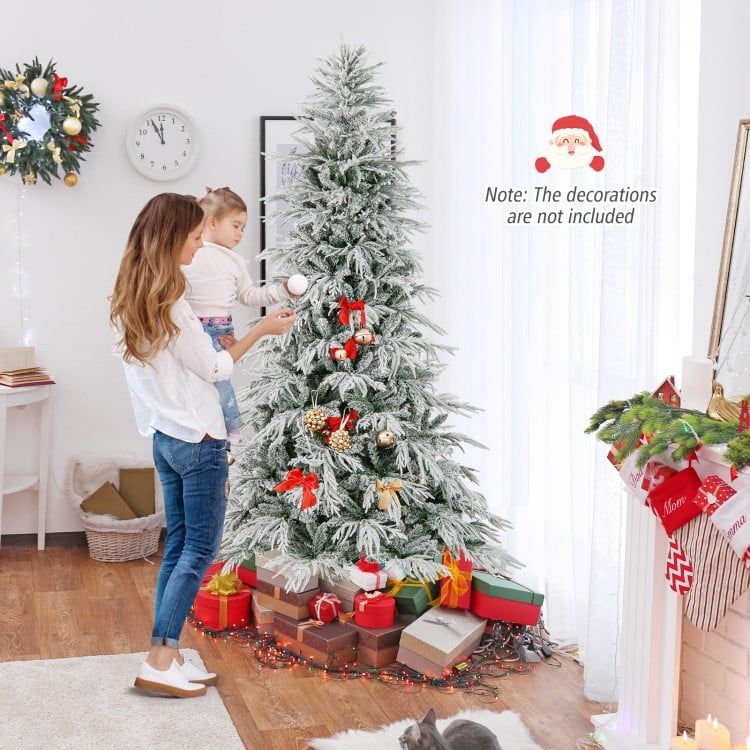 8 Feet Snow-flocked Artificial Christmas Tree Pre-lit Hinged Xmas Tree with Warm White LED Lights