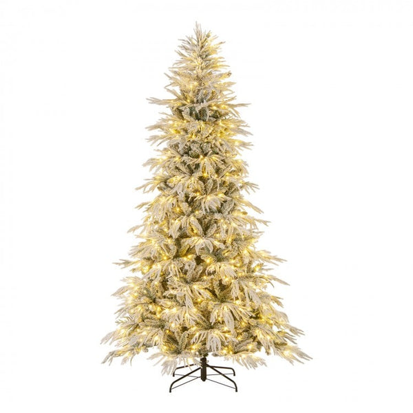 8 Feet Snow-flocked Artificial Christmas Tree Pre-lit Hinged Xmas Tree with Warm White LED Lights