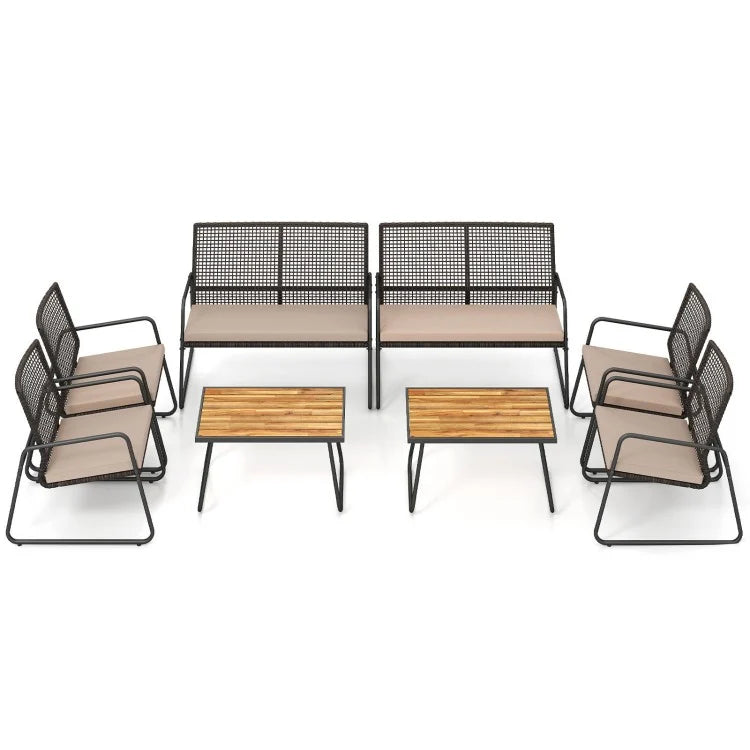 8-Piece Patio Furniture Set with Acacia Wood Coffee Table, Wicker Conversation Seating, Beige Cushions & Washable Covers