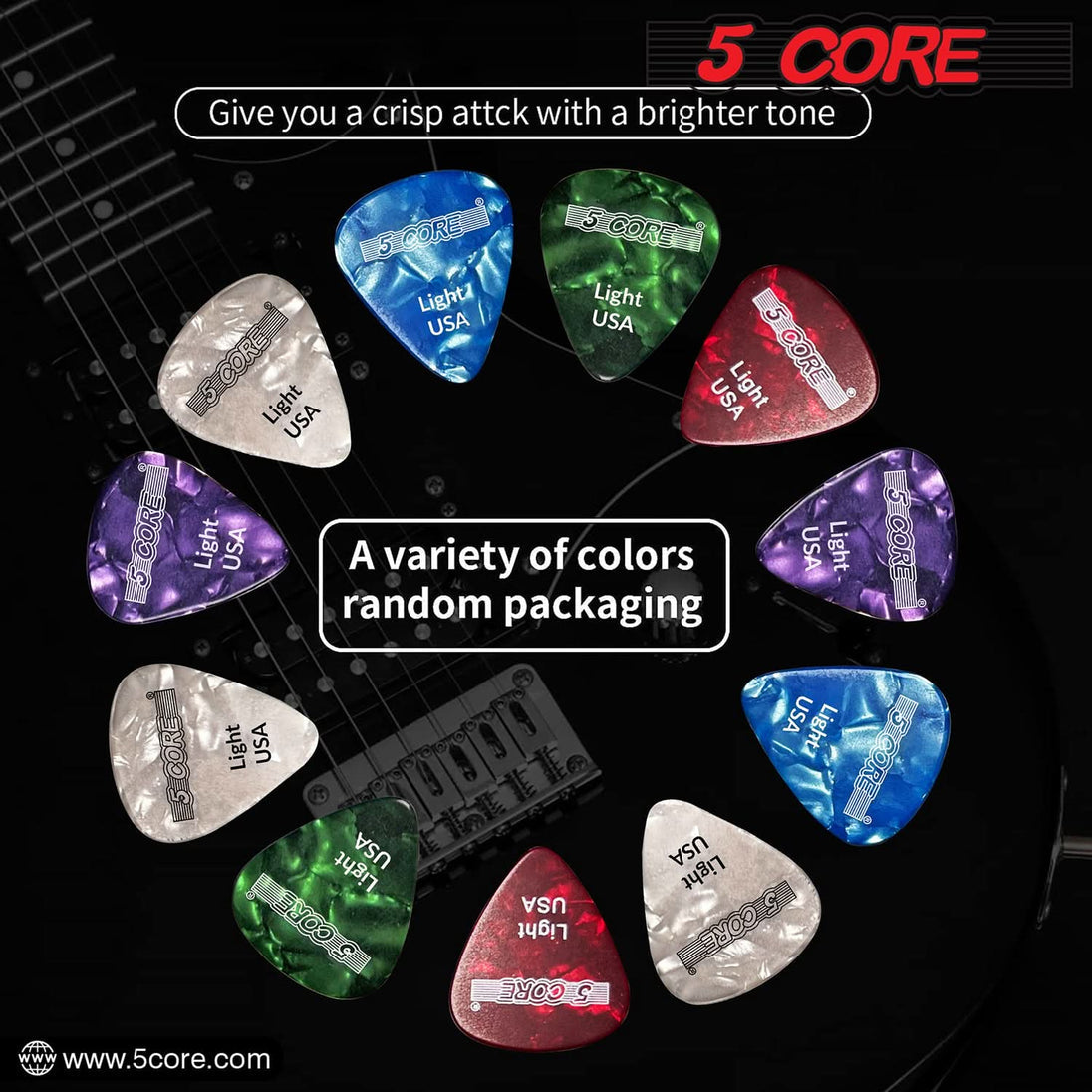 5Core Guitar Picks Celluloid Light Gauge 0.46mm Pick - Acoustic Electric Bass Guitars WHITE