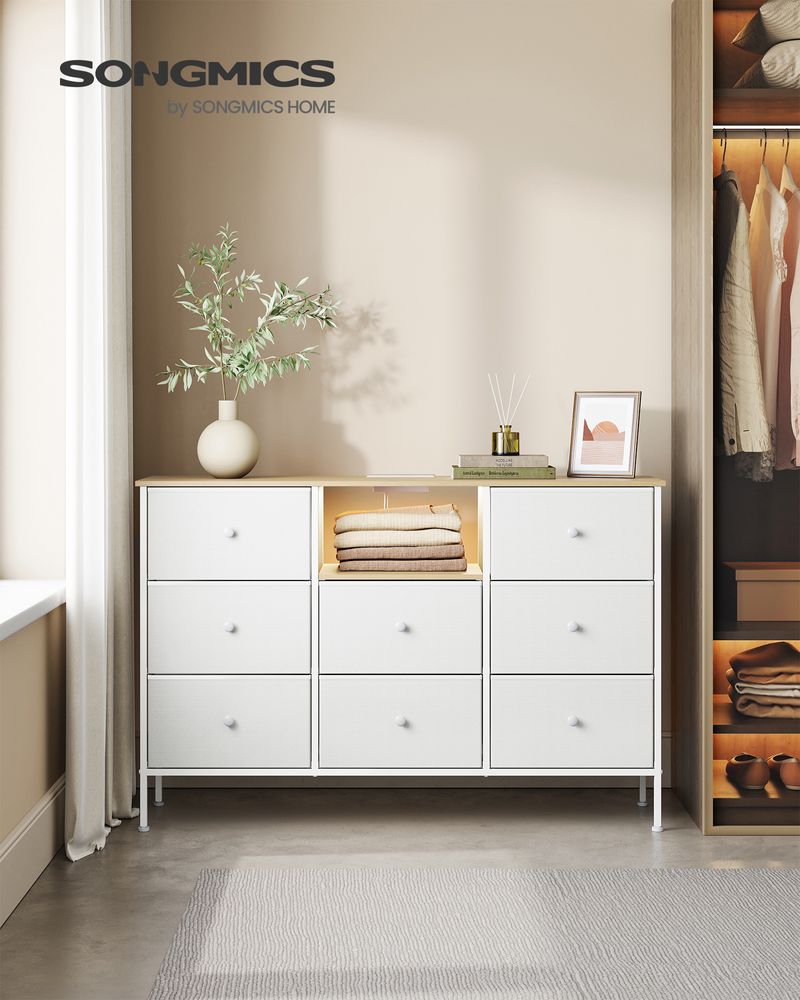 SONGMICS Fabric Dresser with Power Outlets and LED Lights 