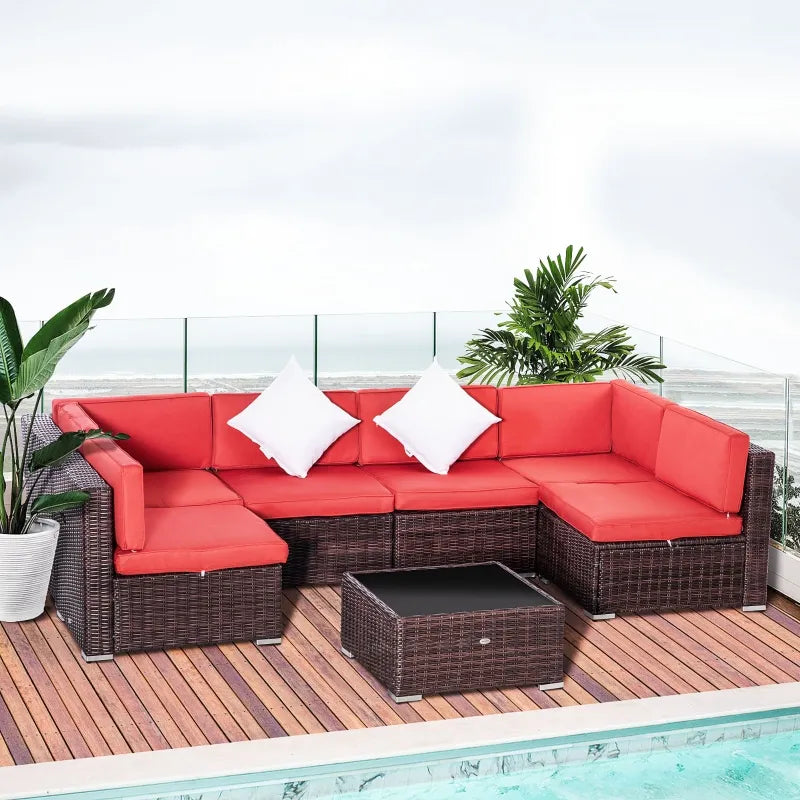 Outsunny 7 Pieces Patio Wicker Sofa Set, Outdoor PE Rattan Sectional Conversation Furniture Set w/ Tempered Glass Coffee Table & Cushion for Garden, Backyard, Red