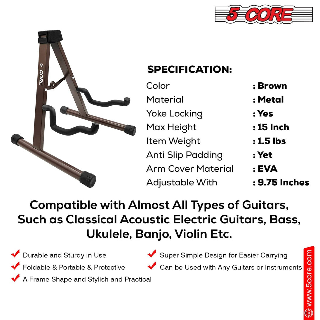 5Core Guitar Stand Floor A Frame Electric Acoustic Bass Soporte Para Guitarra BROWN