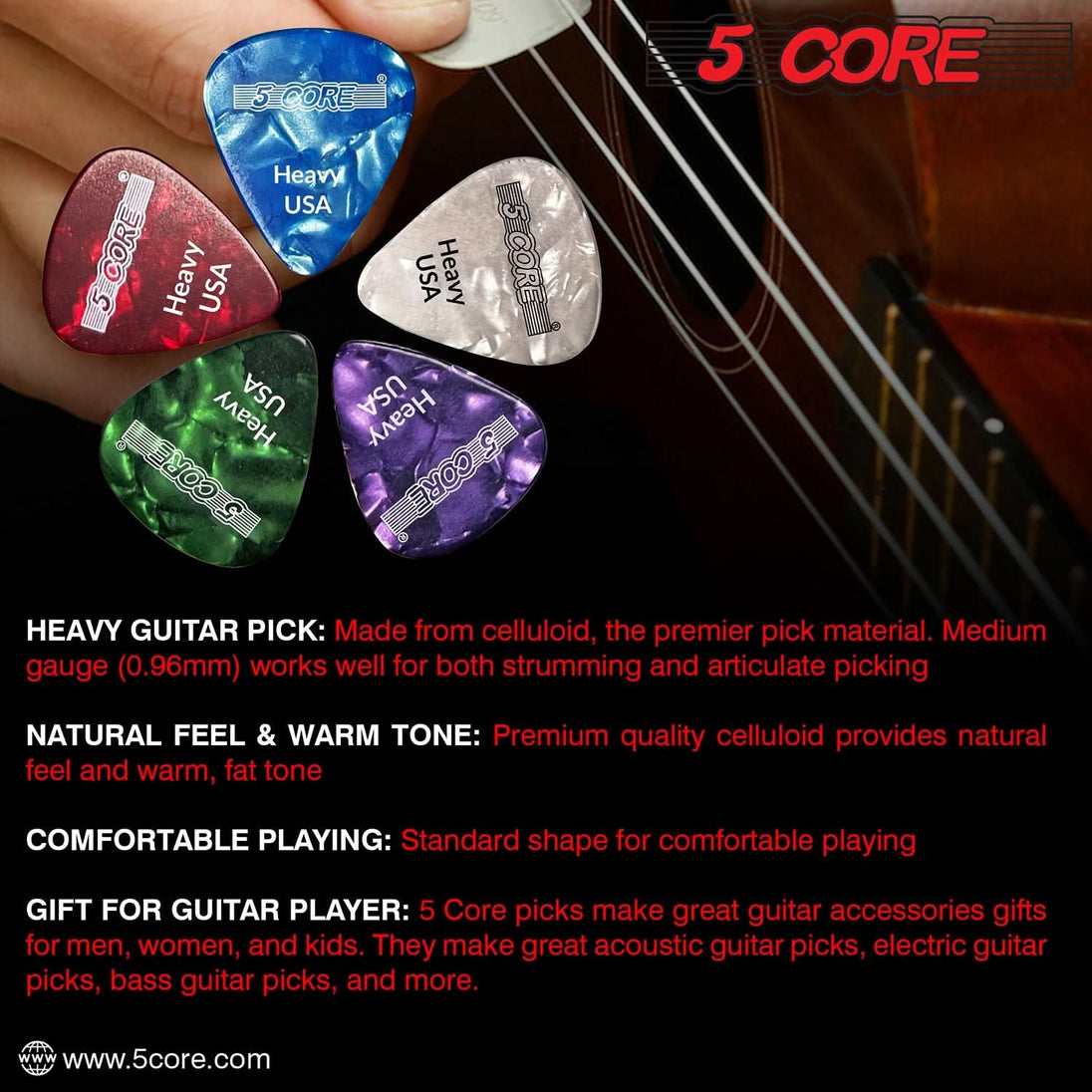 5Core Guitar Picks 0.96mm Celluloid Heavy Gauge Pick - Acoustic Electric Bass Guitars GREEN