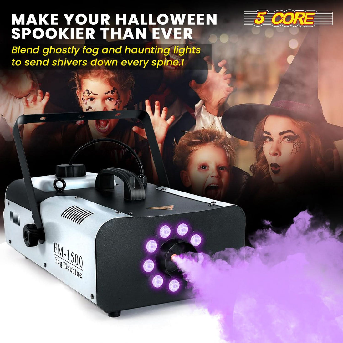 5 Core Fog Machine Indoor Outdoor 1500W 6000CFM Fogger Smoke Machine w LED 2.5 L Tank Remote