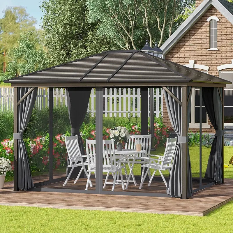 Outsunny 10' x 12' Deluxe Hardtop Gazebo with Metal Roof, Aluminum Frame Patio Gazebo Garden Sun Shelter Outdoor Pavilion with Curtains and Netting, Grey 