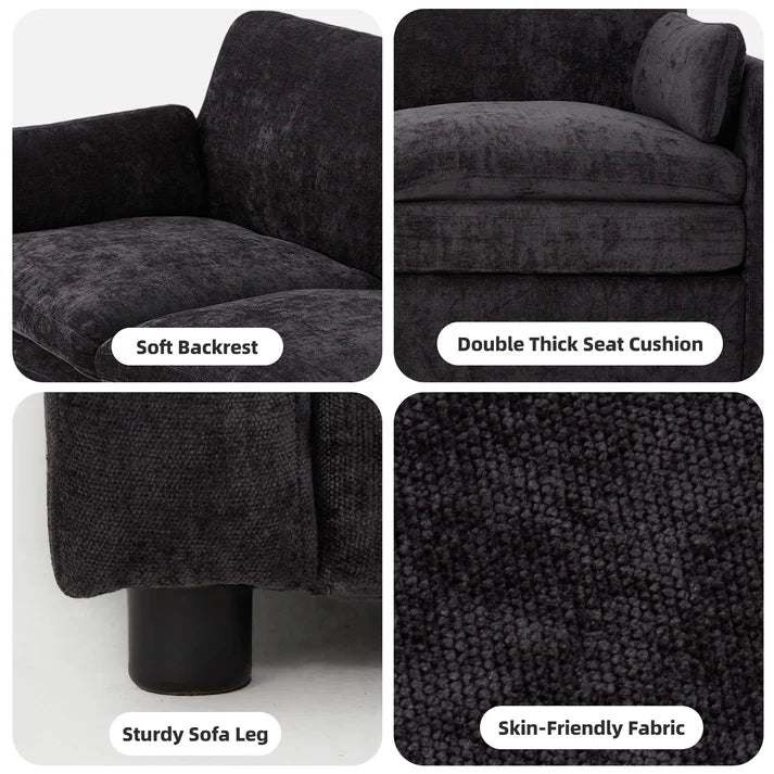 89-Inch Chenille Sofa – Modern 3-Seater Couch with 2 Removable Pillows, Black