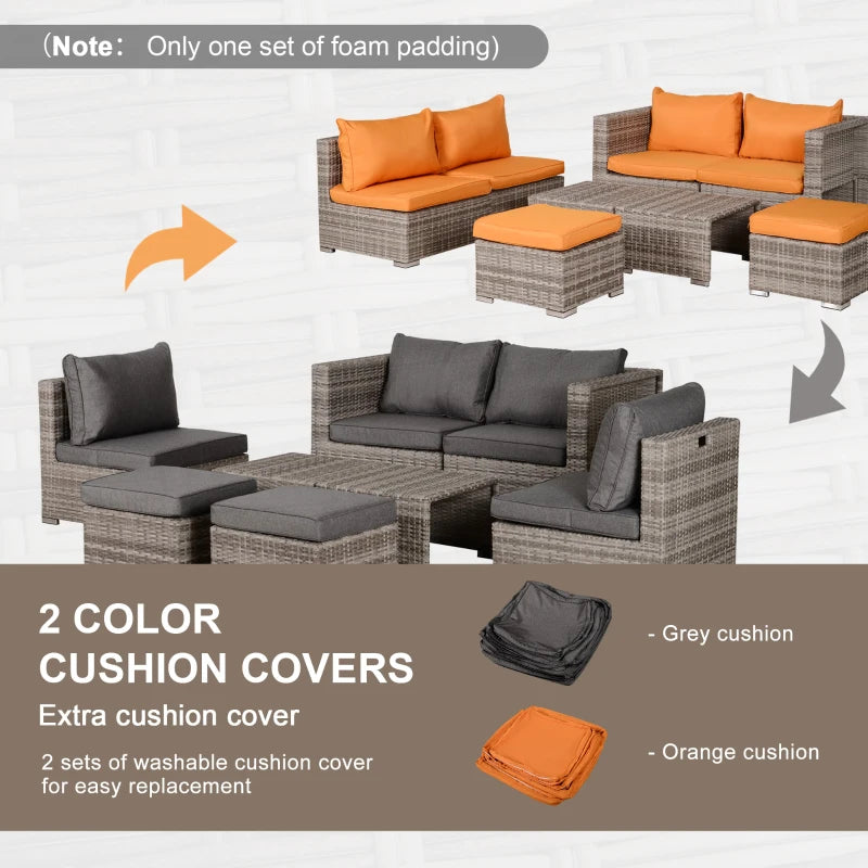 Outsunny 8 Pieces Patio Furniture Set, Outdoor Wicker Rattan Sofa Set Yard Conversation Reclining Seat Tea Table and Footstool Garden Patio Furniture w/ 2 Set Cushion Cover Grey & Orange 