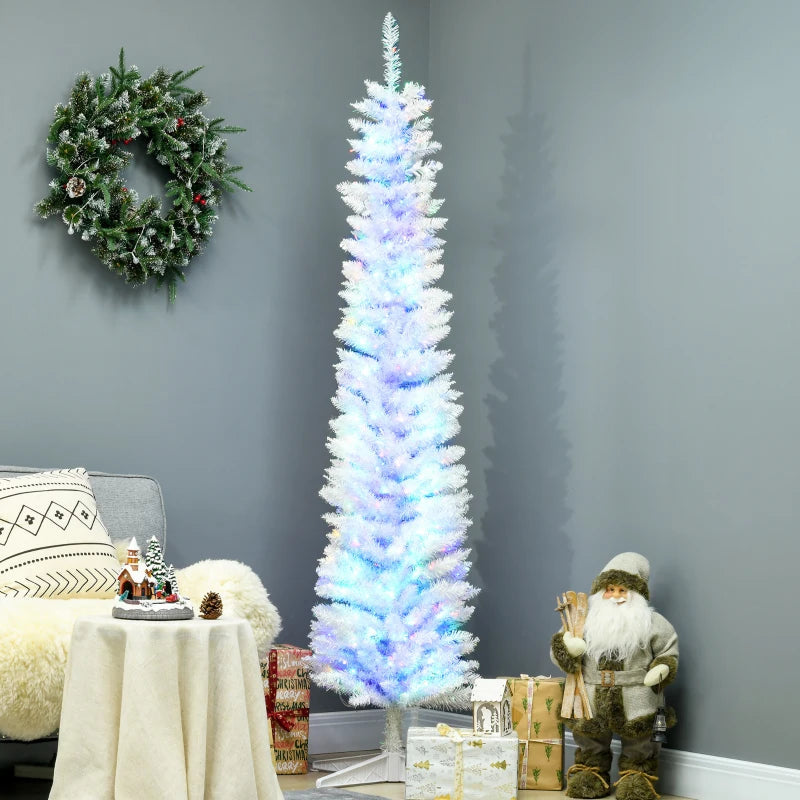 HOMCOM 6ft Pre-Lit Pencil Artificial Christmas Tree – Colourful Surface Tips with Colourful LED Lights, White 