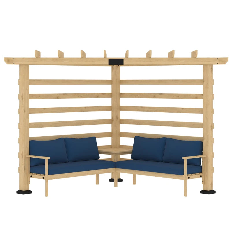 Outsunny 9' x 9' Corner Pergola with Conversation Set and Cushions, Fir Wood Outdoor Pergola with End Table, Natural and Blue