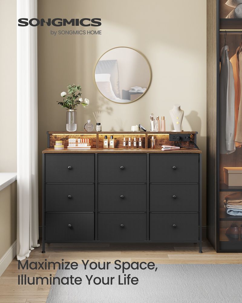 SONGMICS Storage Organizer with 9 Fabric Drawers and LED Lights 