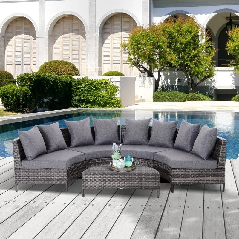 Outsunny 5PC Patio Furniture Set Outdoor Garden Rattan Wicker Sofa Cushioned Half-Moon Seat Deck with Pillow, Table, Grey