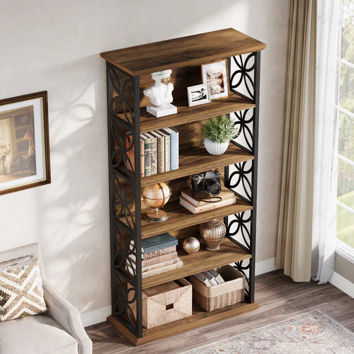 Bookshelf 71" Industrial 6-Tier Bookcase with Open Storage Shelves and Metal Frame Rustic Brown & Black