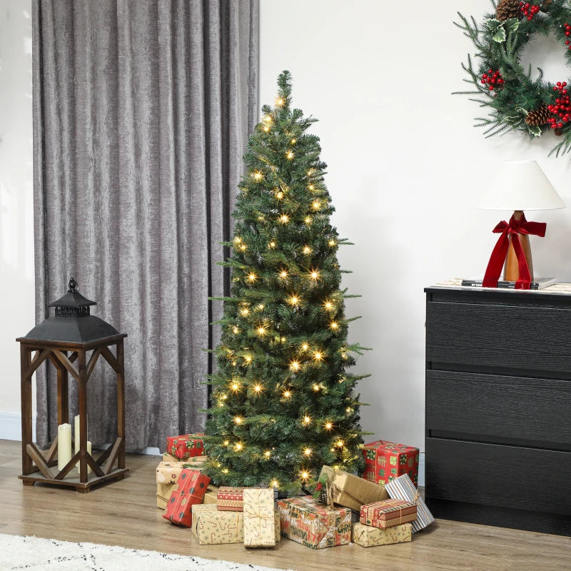 HOMCOM 7FT Prelit Pop Up Artificial Christmas Tree, Collapsible Green Xmas Tree with Warm White LED Lights and Metal Stand 