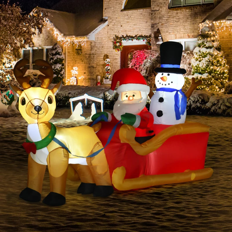 HOMCOM 6.5FT Inflatable Christmas Santa & Snowman on Sleigh with Reindeer, LED Lighted Blow Up Holiday Yard Decoration 